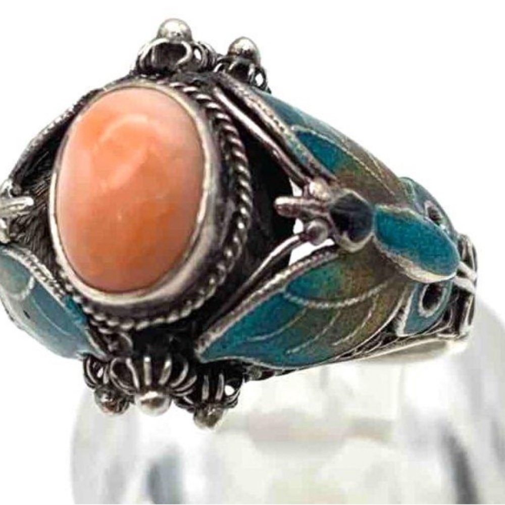 Sterling 925 Silver Angel Skin Coral and Enamel Butterfly 🦋 Ornate Ring 5.5g - Picture 2 of 7